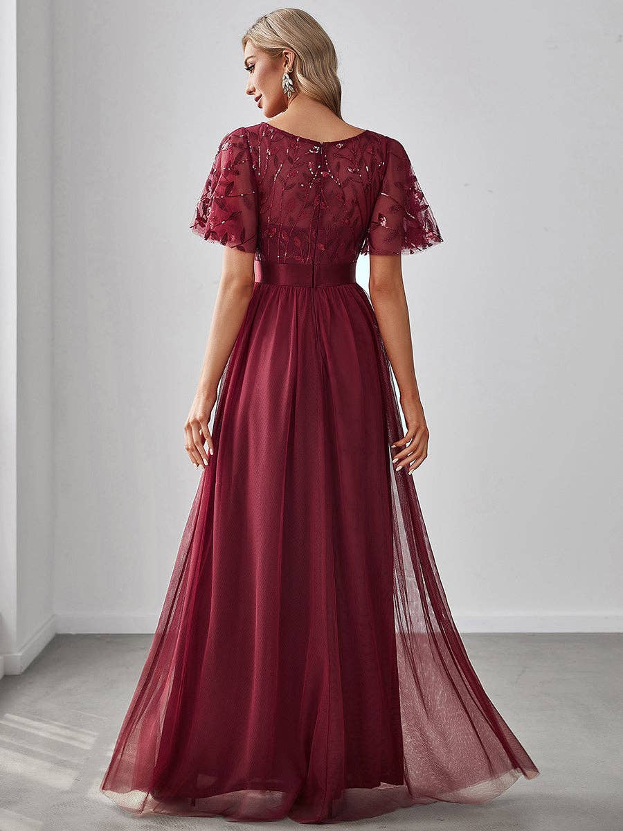 Sequin Print Maxi Long Evening Dresses with Cap Sleeve