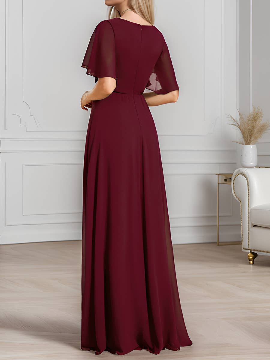 V Neck Appliques Pleated Bridesmaid Dress