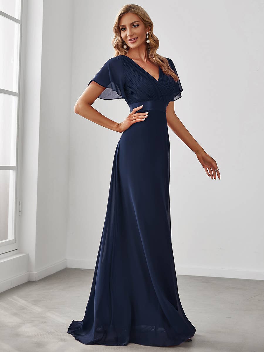 Double V-Neck Ruffles Chiffon Bridesmaid Dress