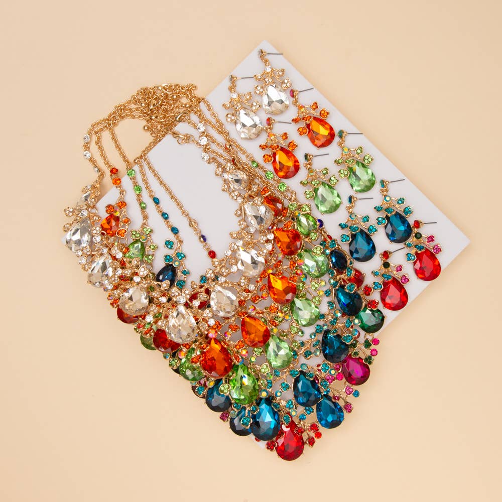 Rhinestone Embellished Teardrop Cut Crystal Necklace Set