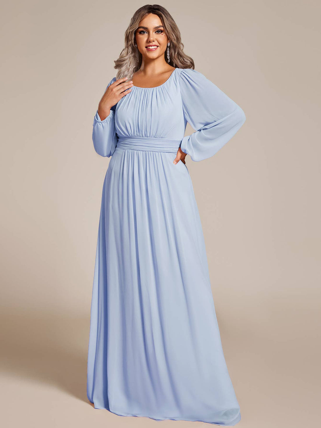 Plus Size Long Lantern Sleeves Round Neck Bridesmaid Dress