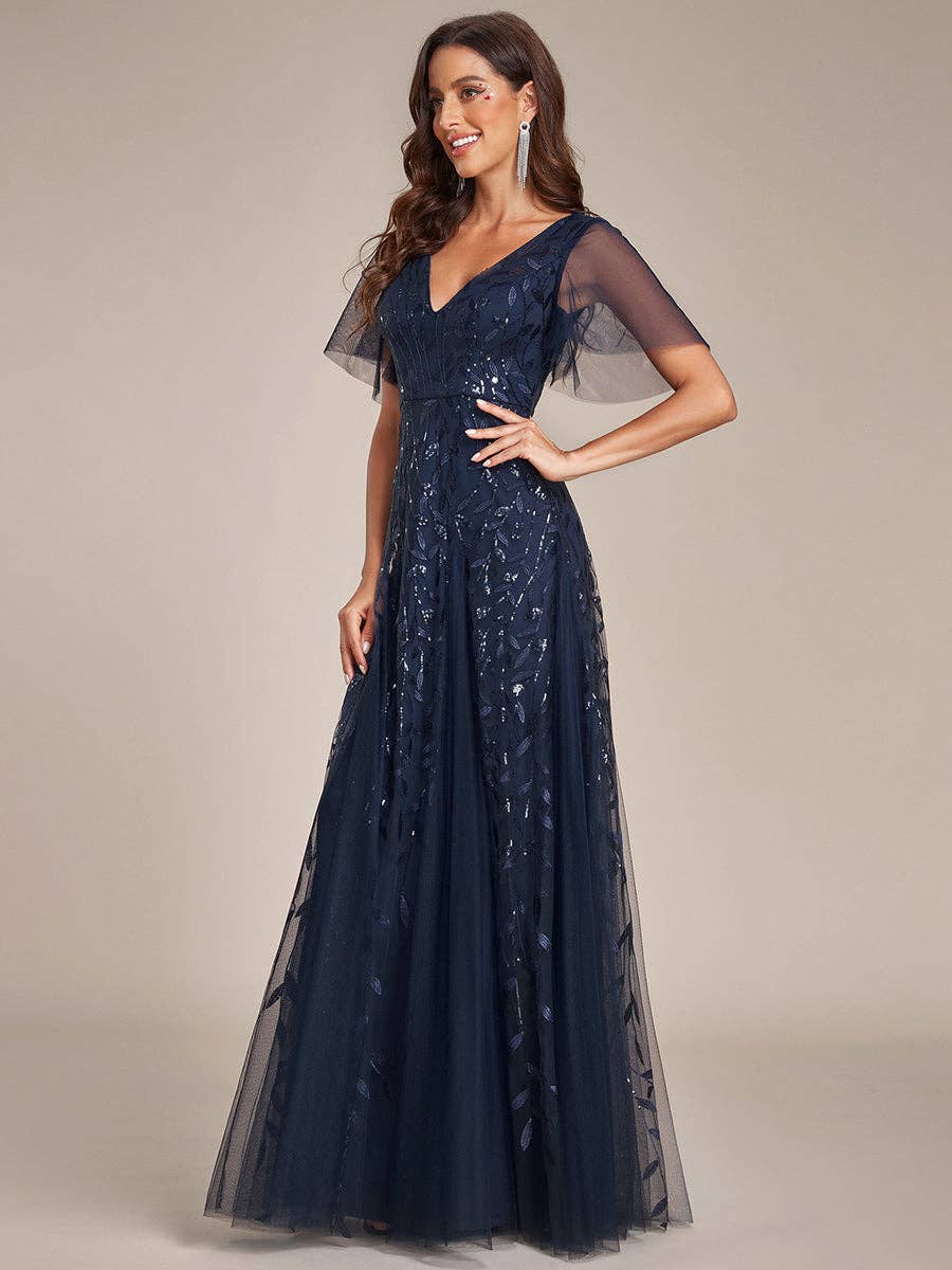 Romantic Shimmery V Neck Ruffle Sleeves Evening Dress