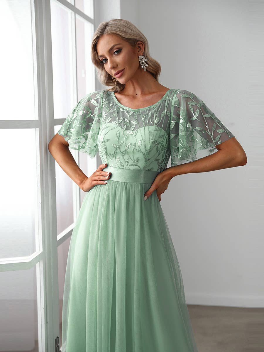 Sequin Print Maxi Long Evening Dresses with Cap Sleeve