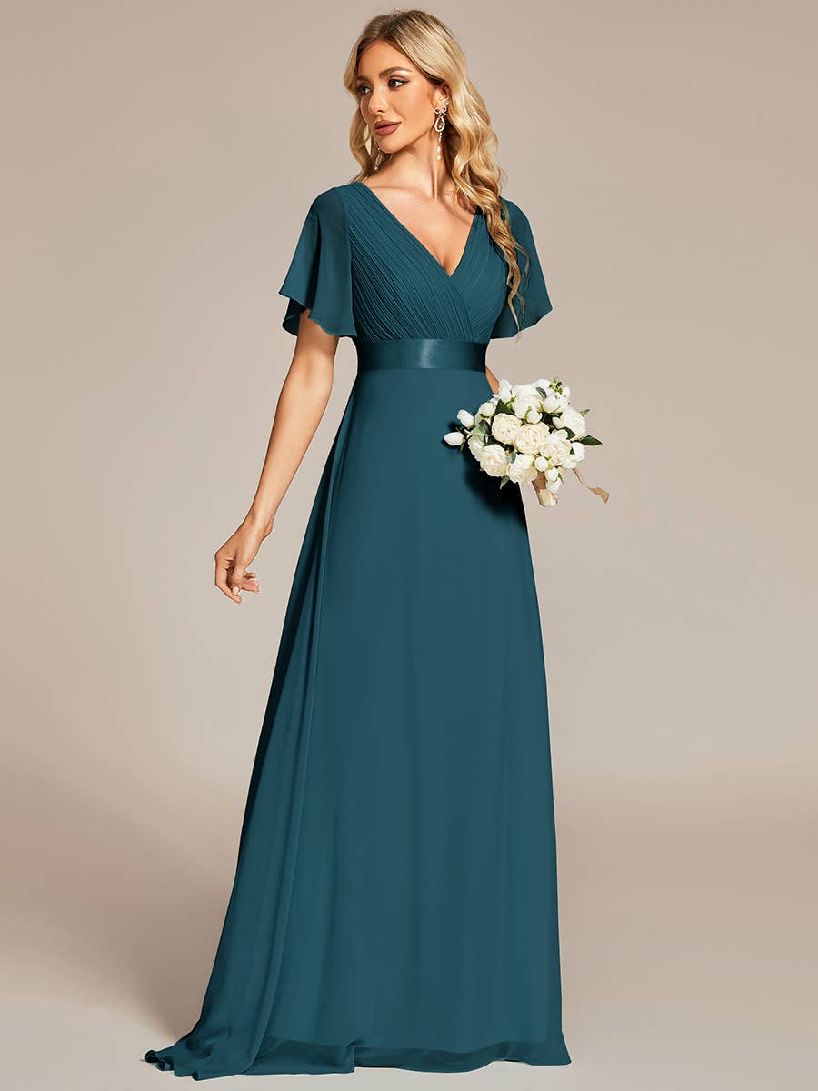 Double V-Neck Ruffles Chiffon Bridesmaid Dress