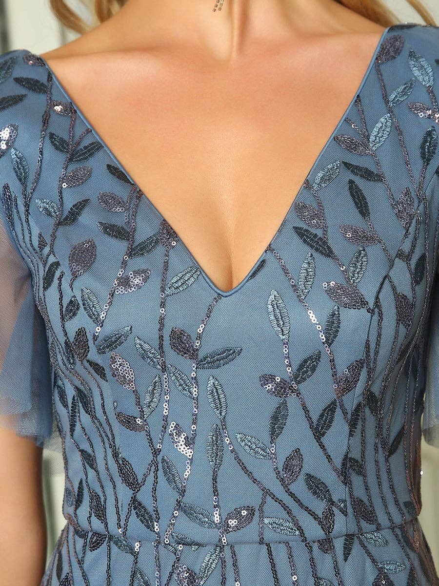 Romantic Shimmery V Neck Ruffle Sleeves Evening Dress