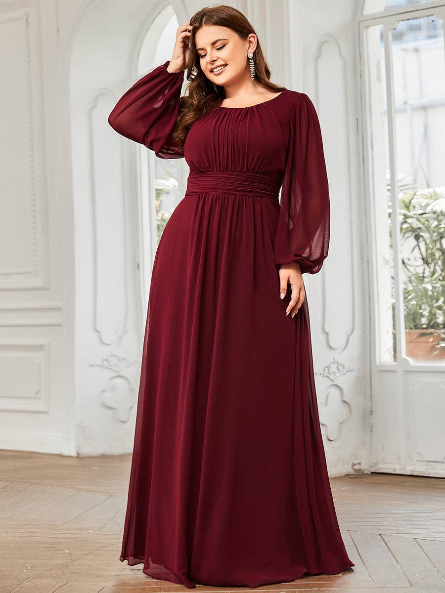 Plus Size Long Lantern Sleeves Round Neck Bridesmaid Dress