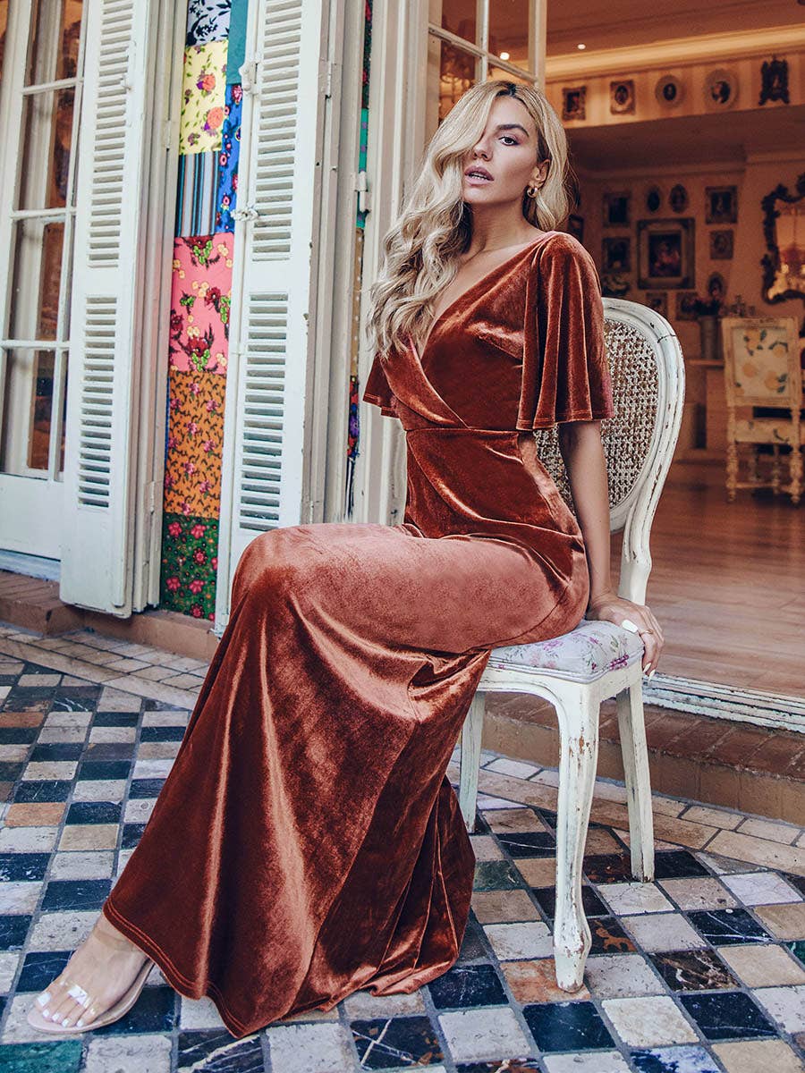 Elegant Double V Neck Velvet Wholesale Party Dress