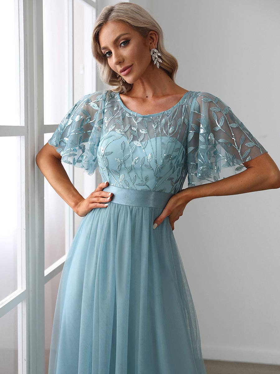 Sequin Print Maxi Long Evening Dresses with Cap Sleeve