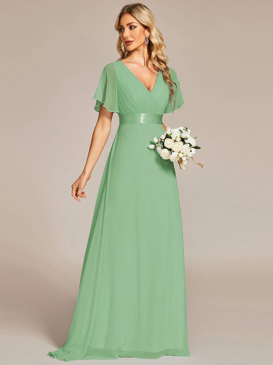 Double V-Neck Ruffles Chiffon Bridesmaid Dress