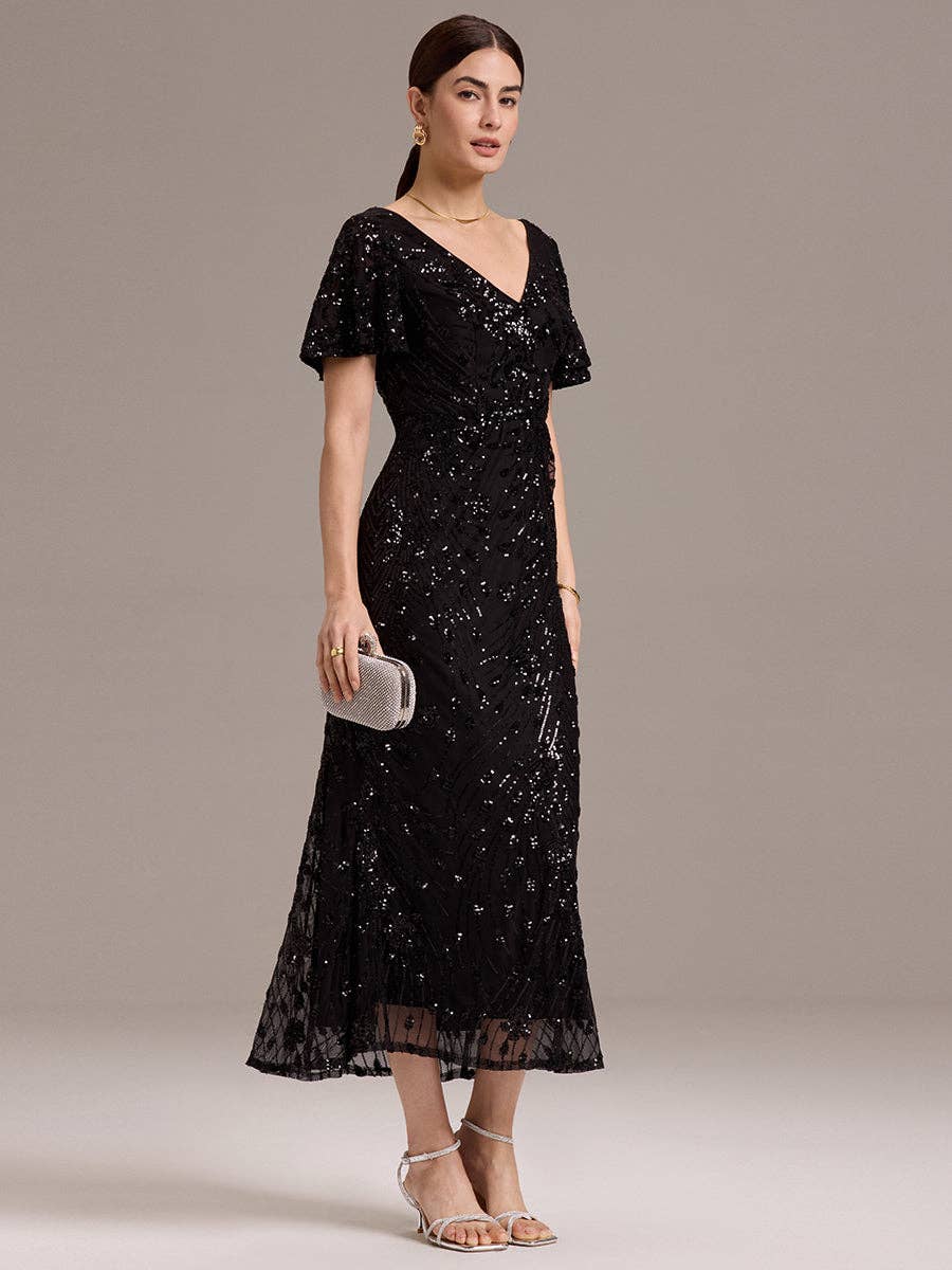 Strapless Deep Fishtail Paillette Midi Evening Dresses