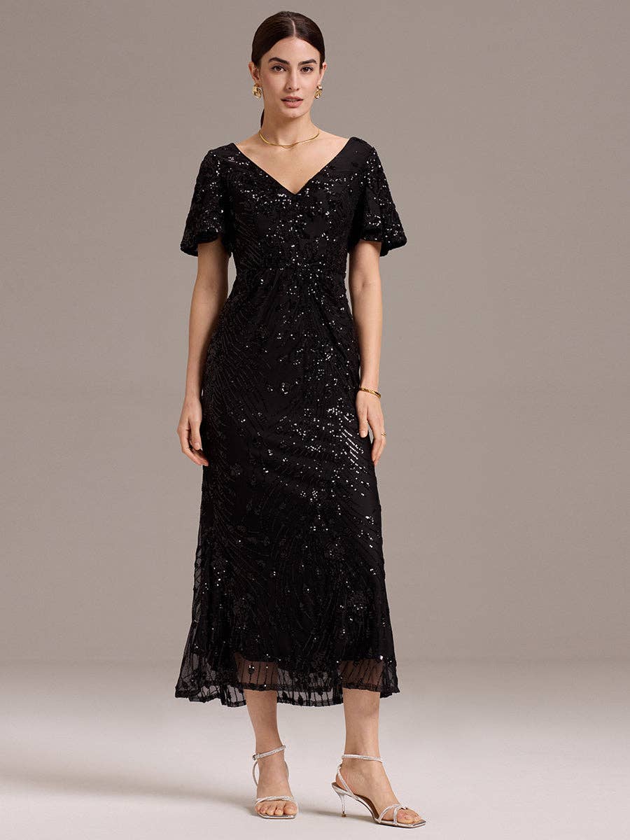 Strapless Deep Fishtail Paillette Midi Evening Dresses