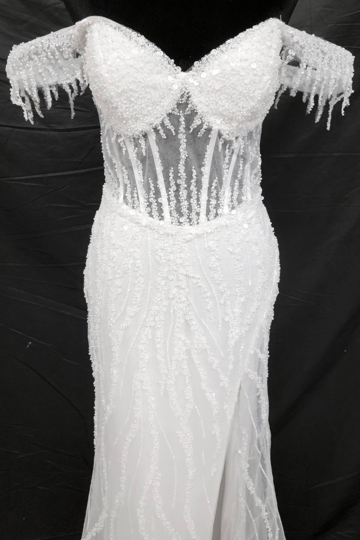 Off the Shoulder Sequin and Bead Long Dress C331