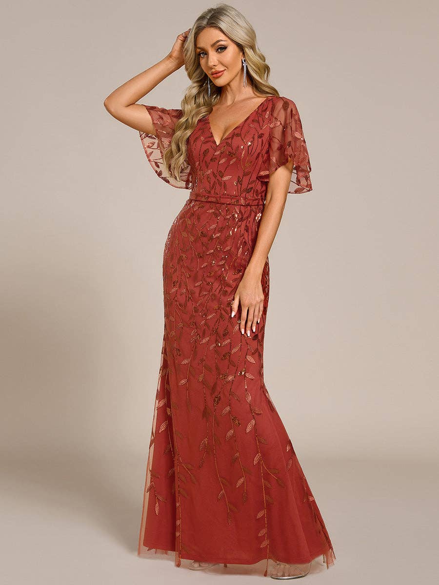 Gorgeous Leaf-Sequined Evening Dress