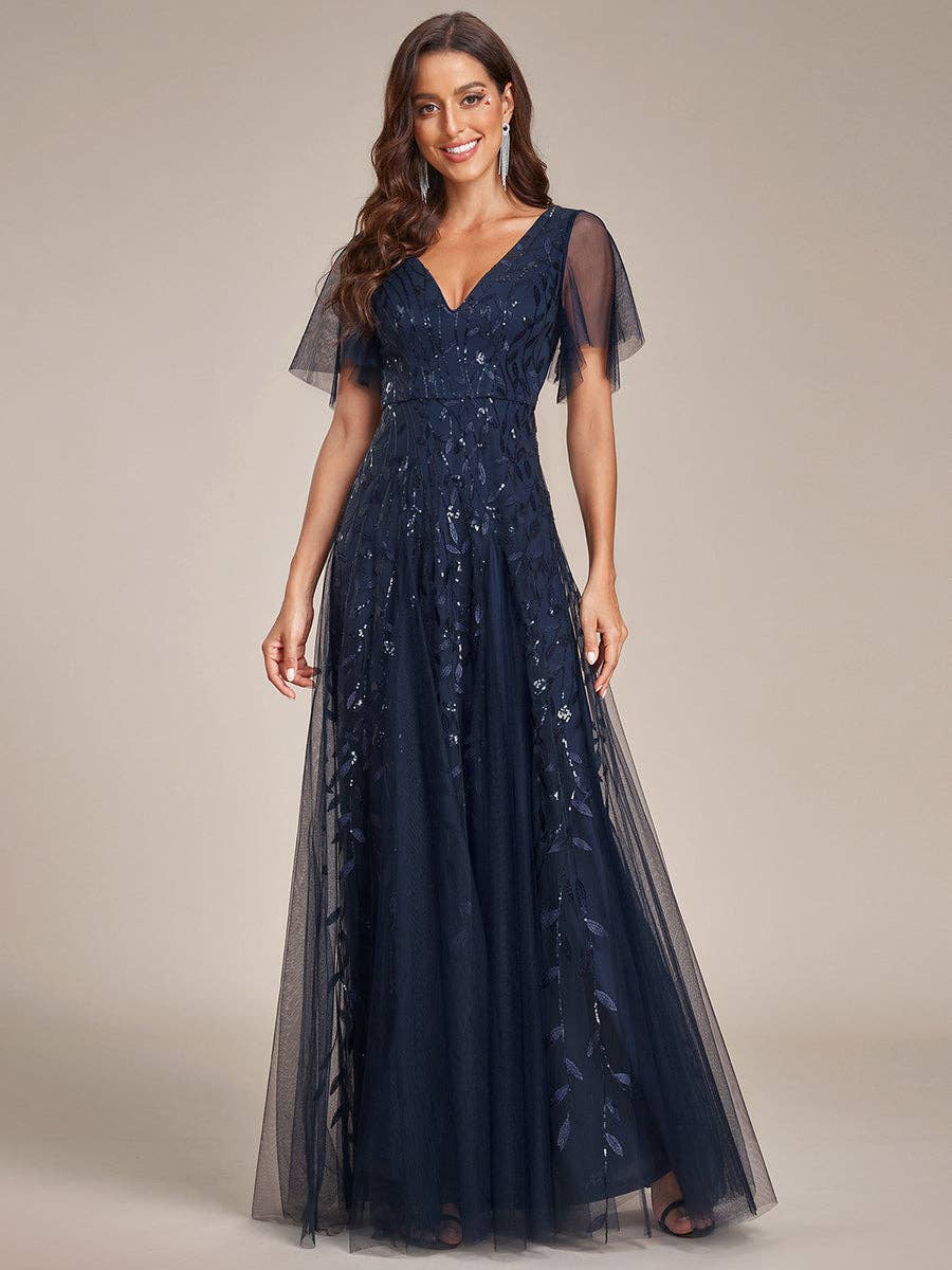 Romantic Shimmery V Neck Ruffle Sleeves Evening Dress