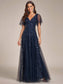 Romantic Shimmery V Neck Ruffle Sleeves Evening Dress