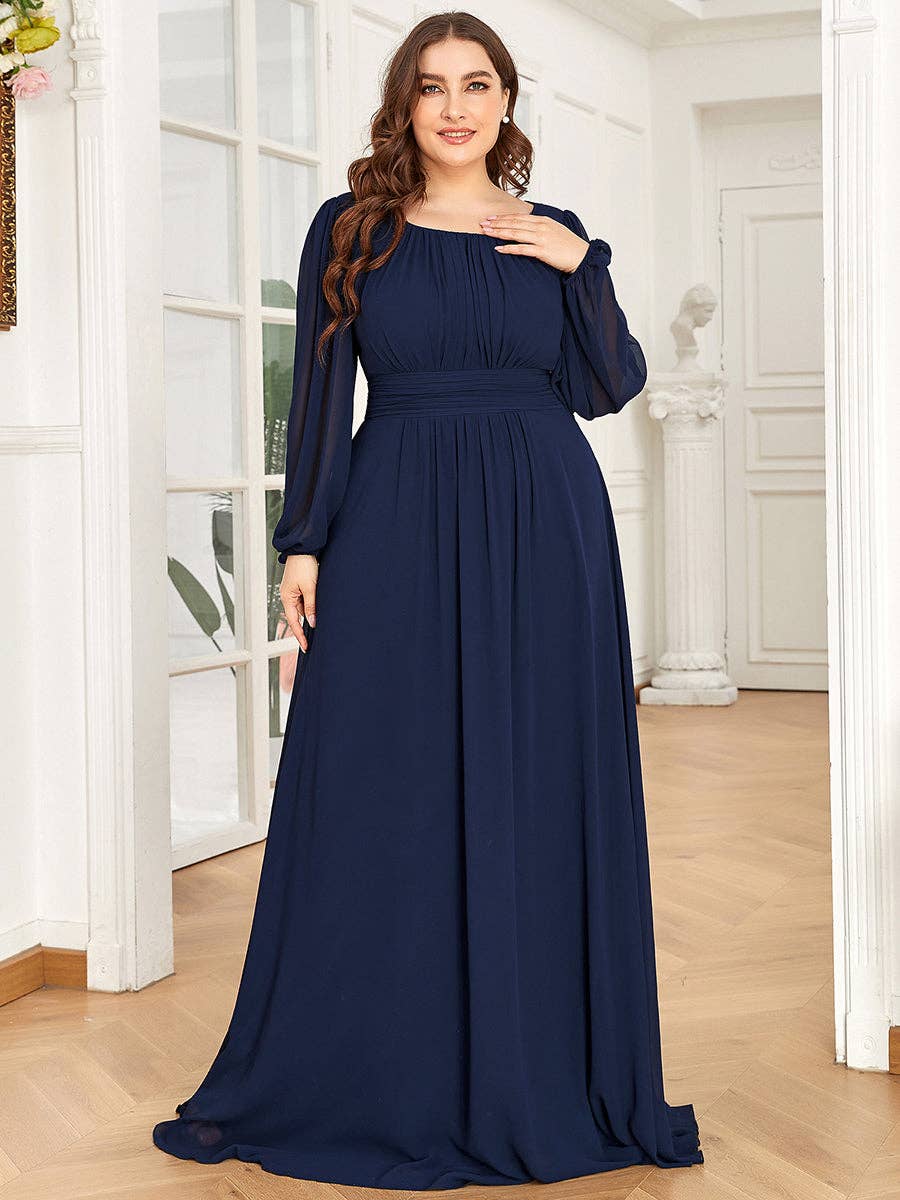 Plus Size Long Lantern Sleeves Round Neck Bridesmaid Dress
