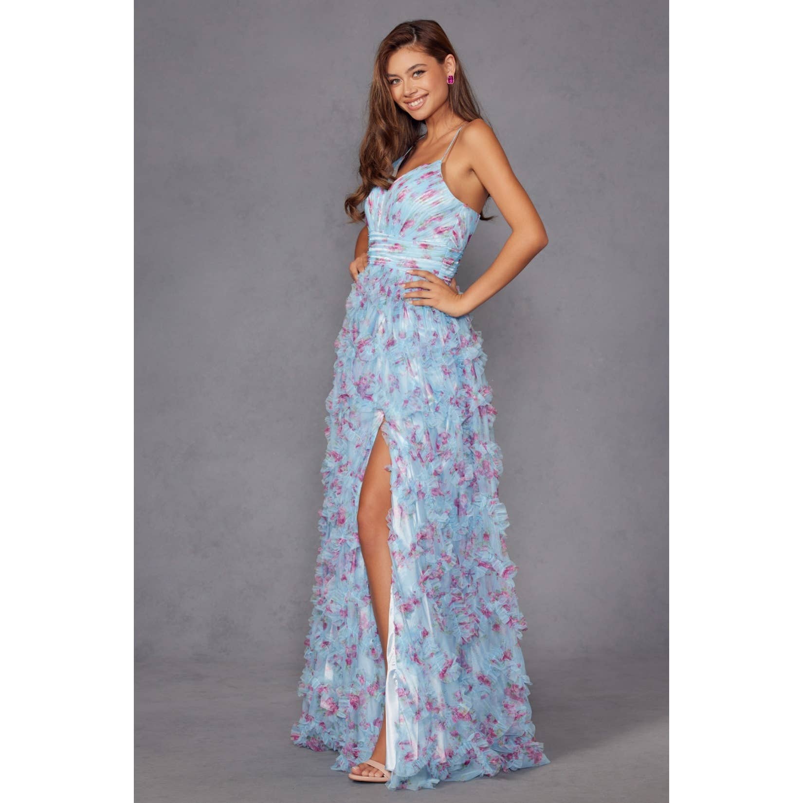 JT2572U THIS DRESS FEATURES A FITTED CORSET WITH A V-NECKLIN