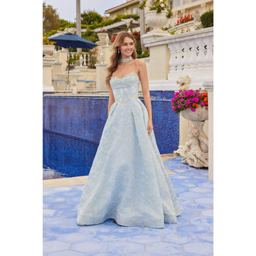 JACQUARD STRAPLESS BALL GOWN WITH STRUCTURED CORSET BODICE A