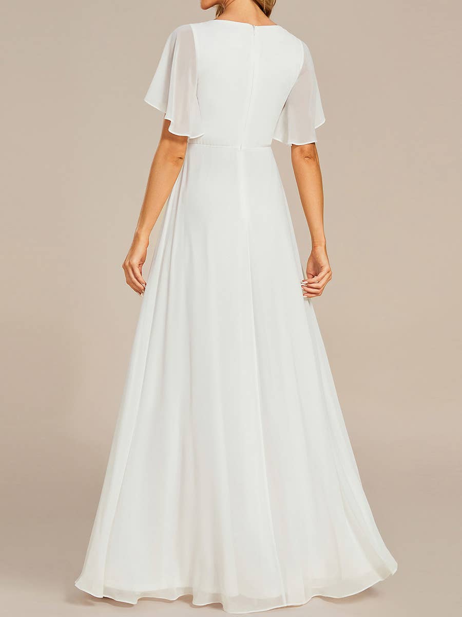 V Neck Appliques Pleated Bridesmaid Dress