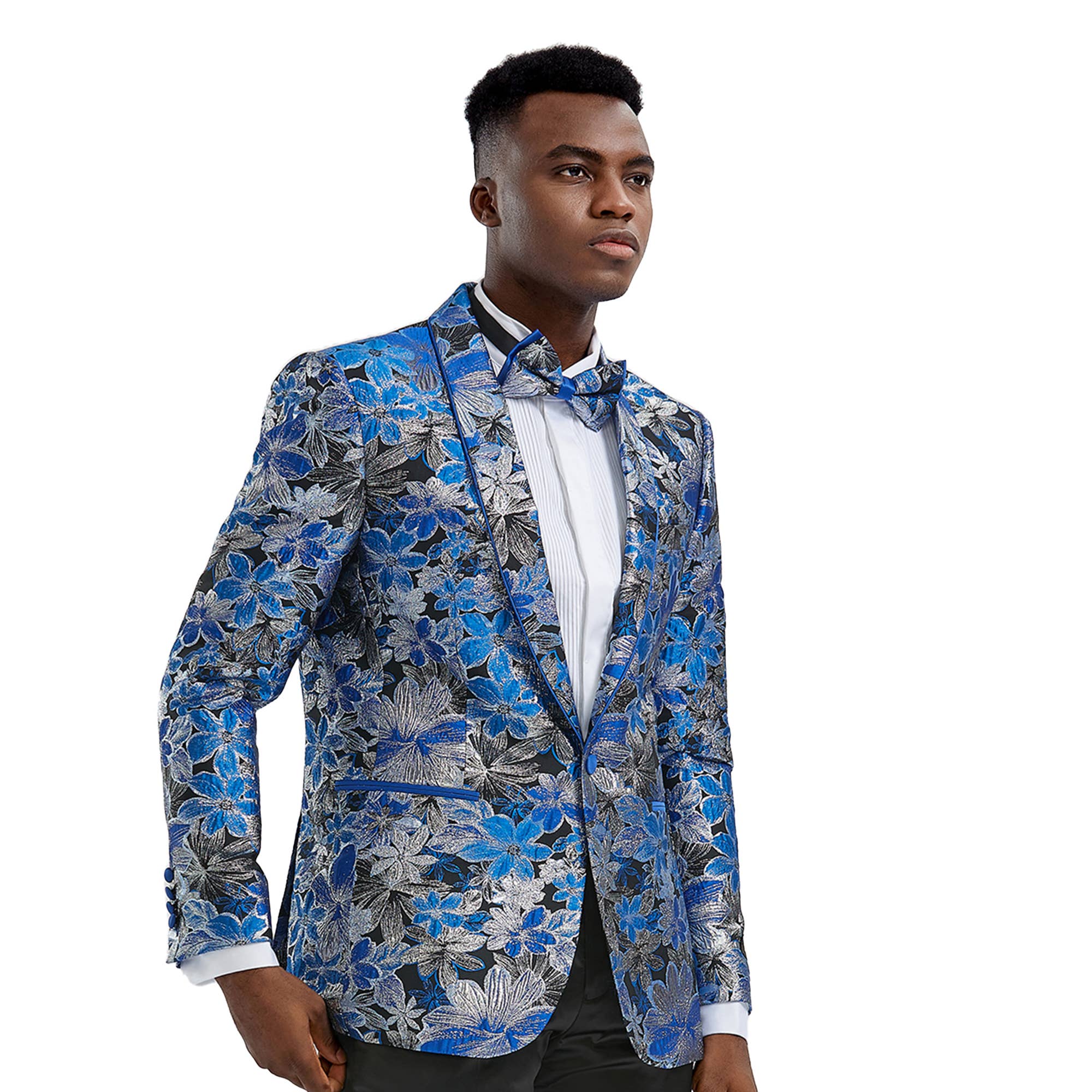 Men's Slim Textured Floral Blazer, Shawl Collar, Royal