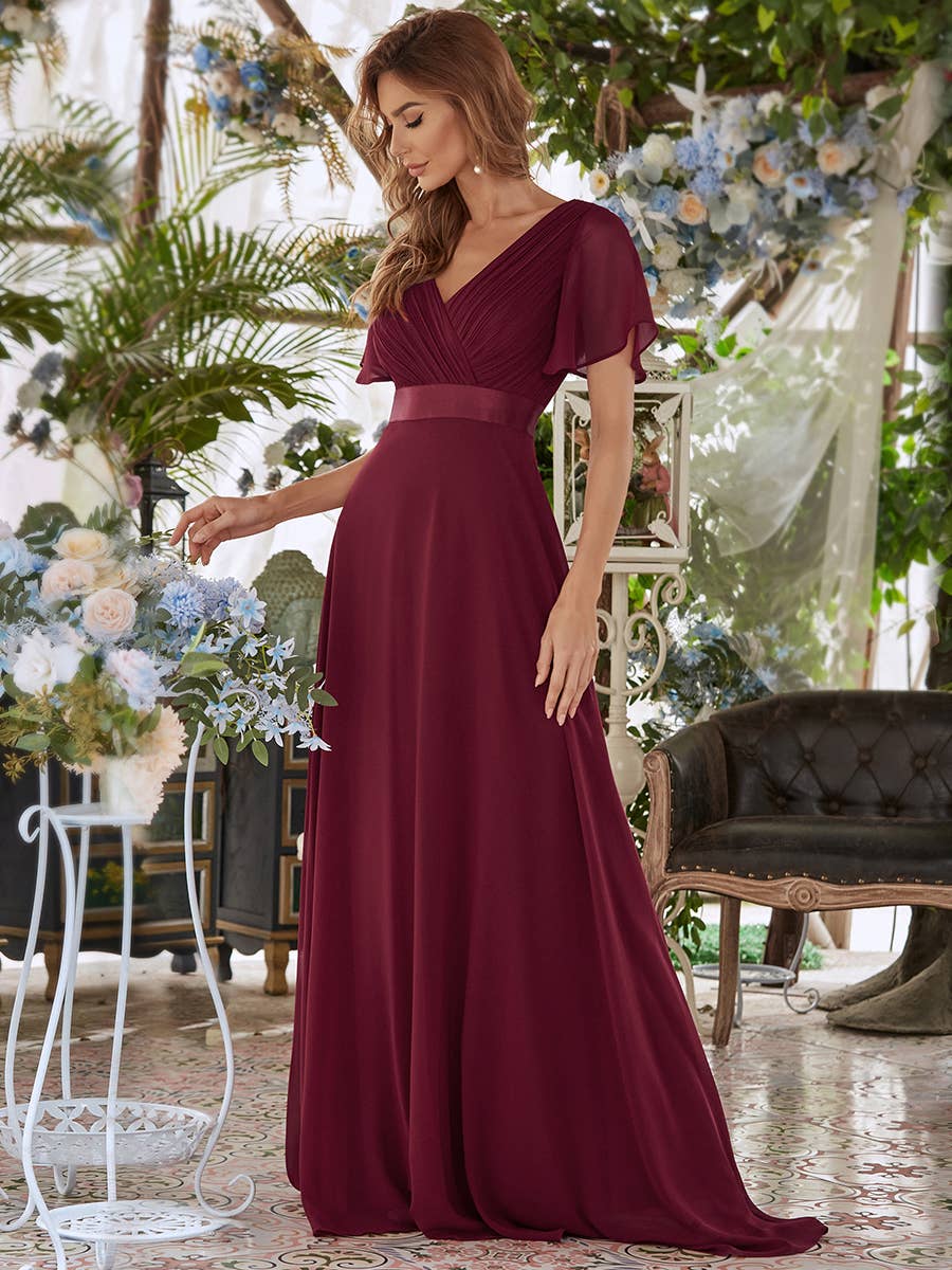 Double V-Neck Ruffles Chiffon Bridesmaid Dress