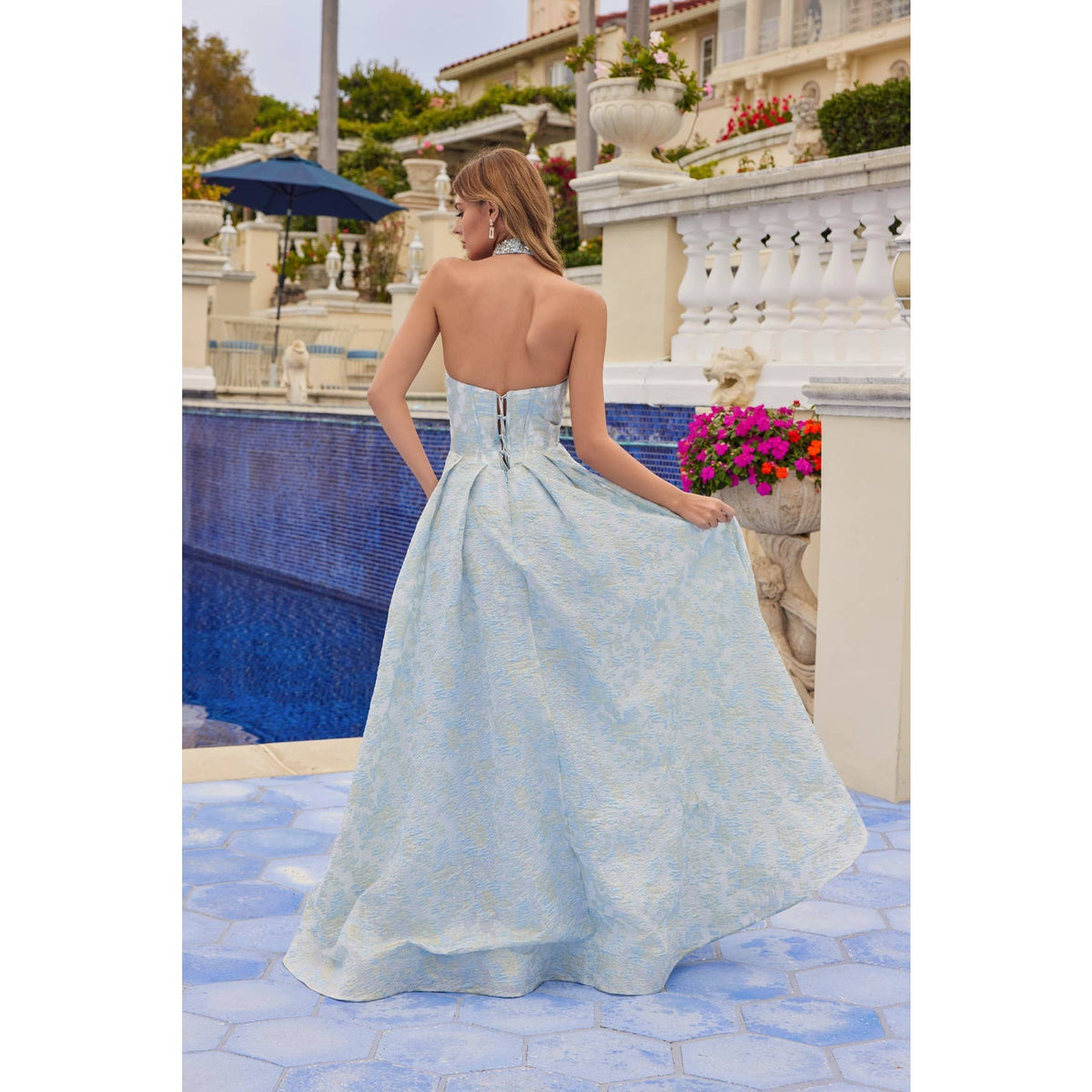 JACQUARD STRAPLESS BALL GOWN WITH STRUCTURED CORSET BODICE A