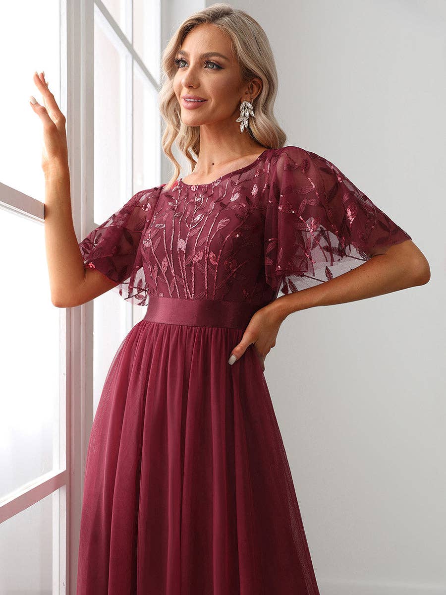 Sequin Print Maxi Long Evening Dresses with Cap Sleeve