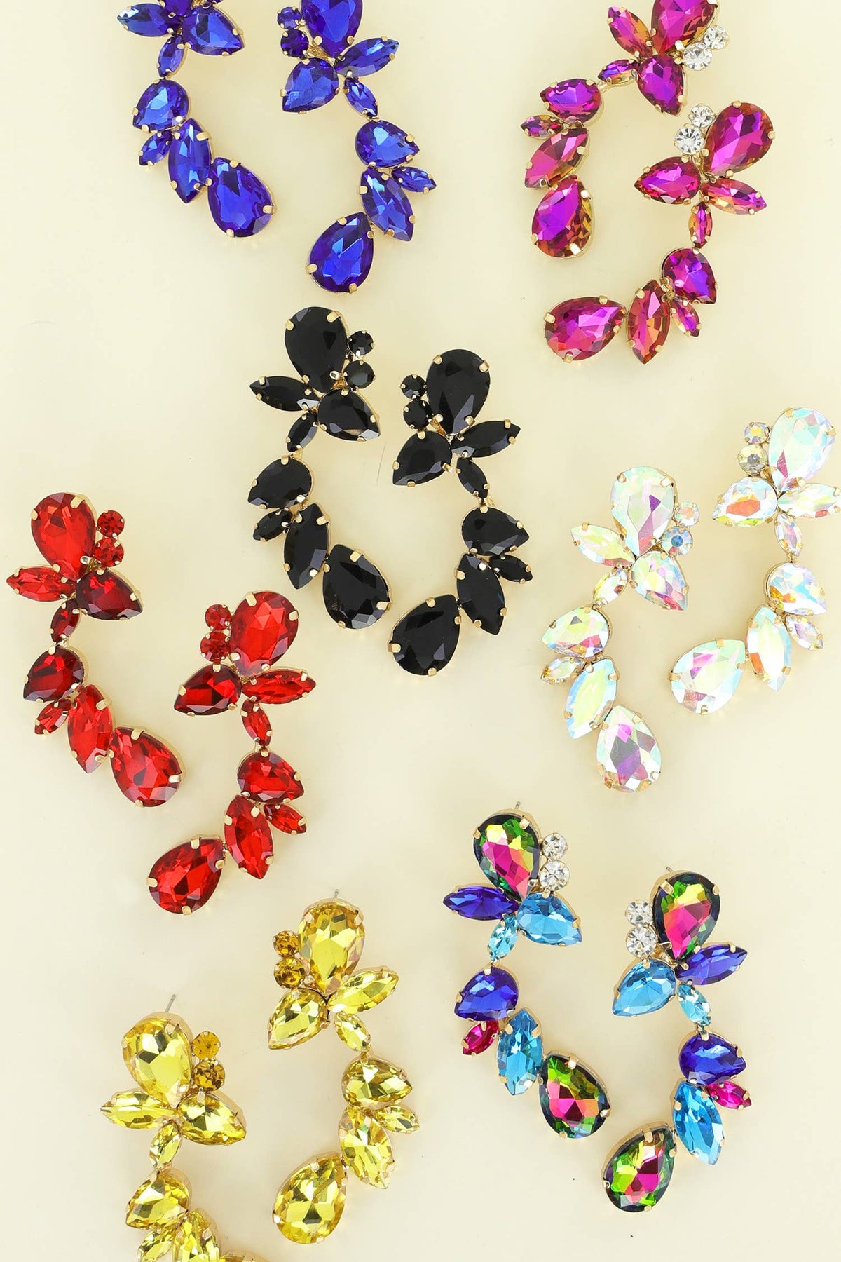 Leaf & Droplet Cut Curved Rhinestone Cluster Drop Earrings