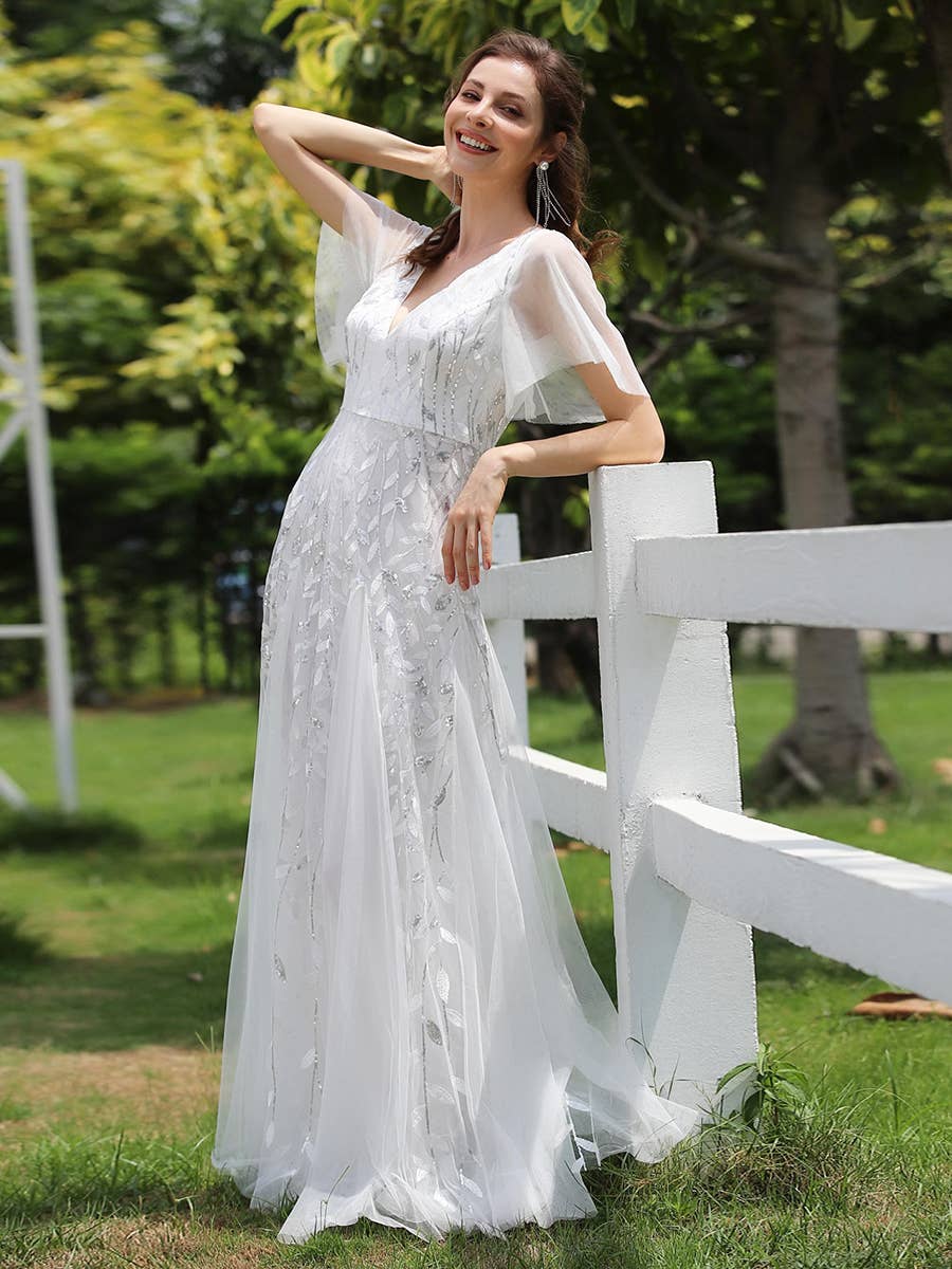 Romantic Shimmery V Neck Ruffle Sleeves Evening Dress