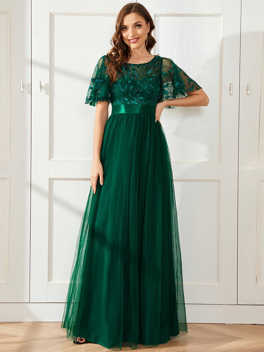 Sequin Print Maxi Long Evening Dresses with Cap Sleeve