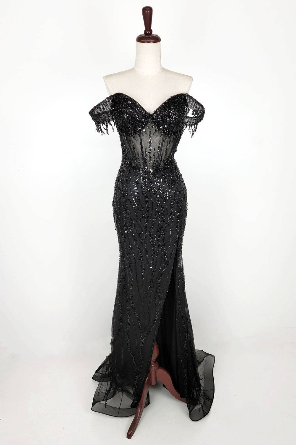 Off the Shoulder Sequin and Bead Long Dress C331