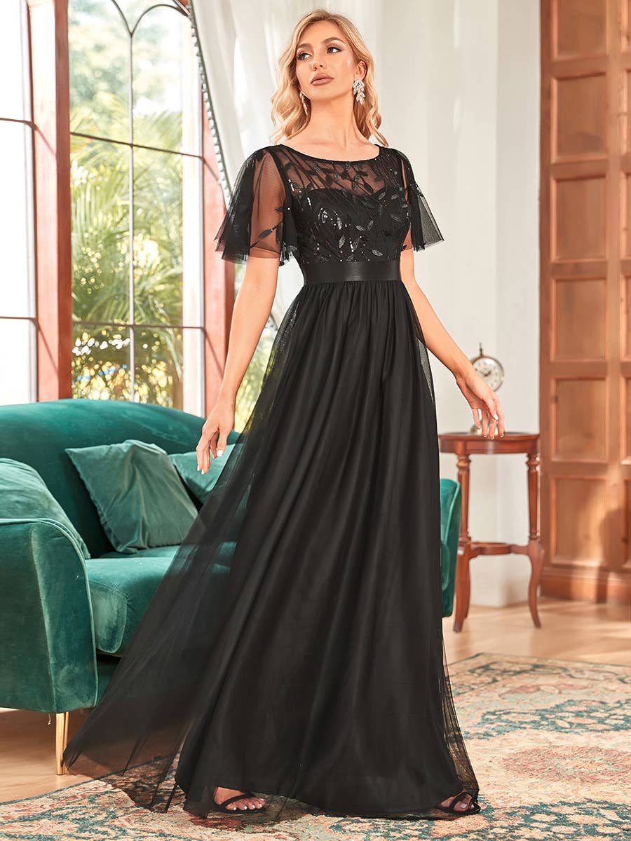 Sequin Print Maxi Long Evening Dresses with Cap Sleeve