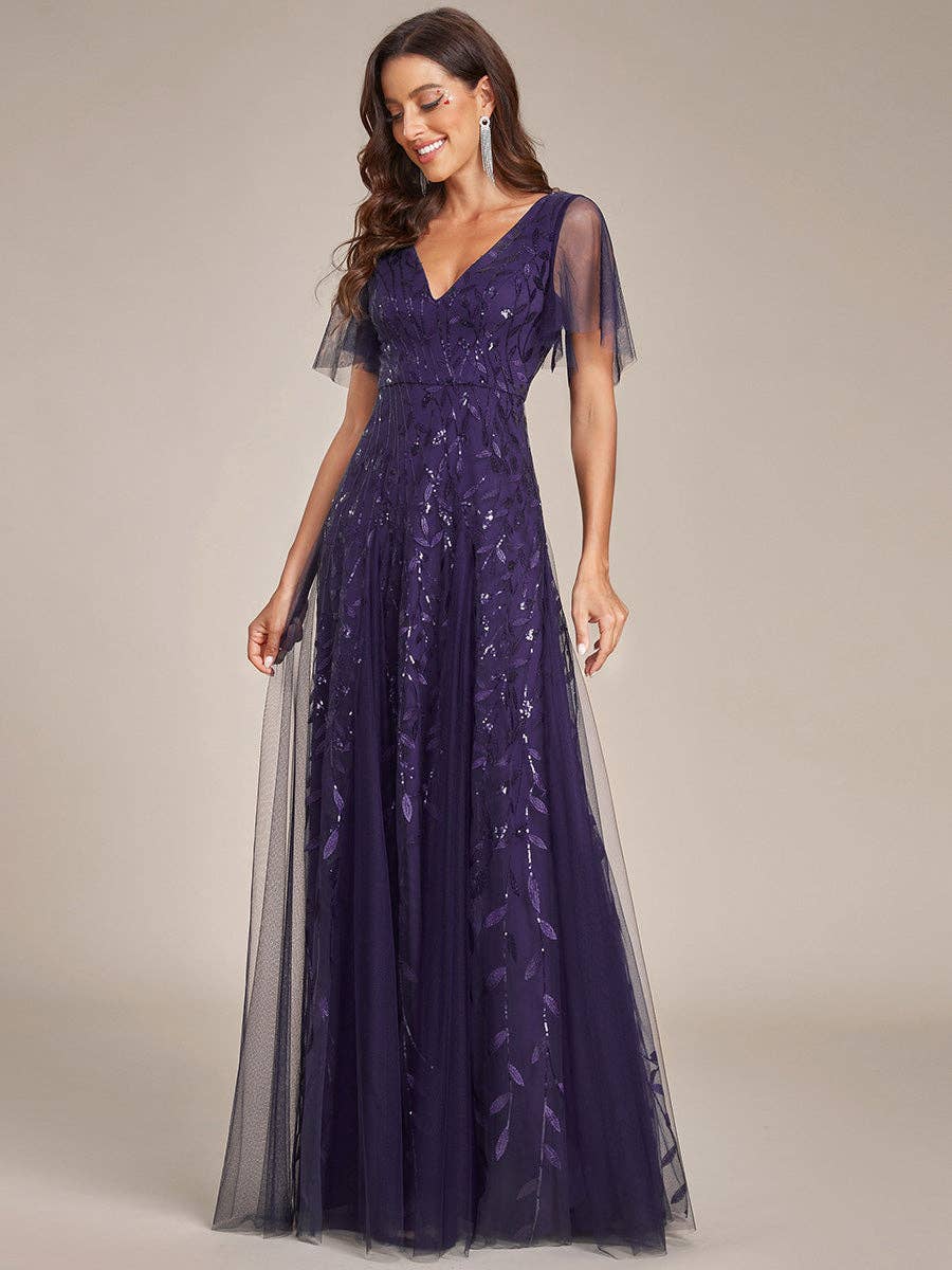 Romantic Shimmery V Neck Ruffle Sleeves Evening Dress