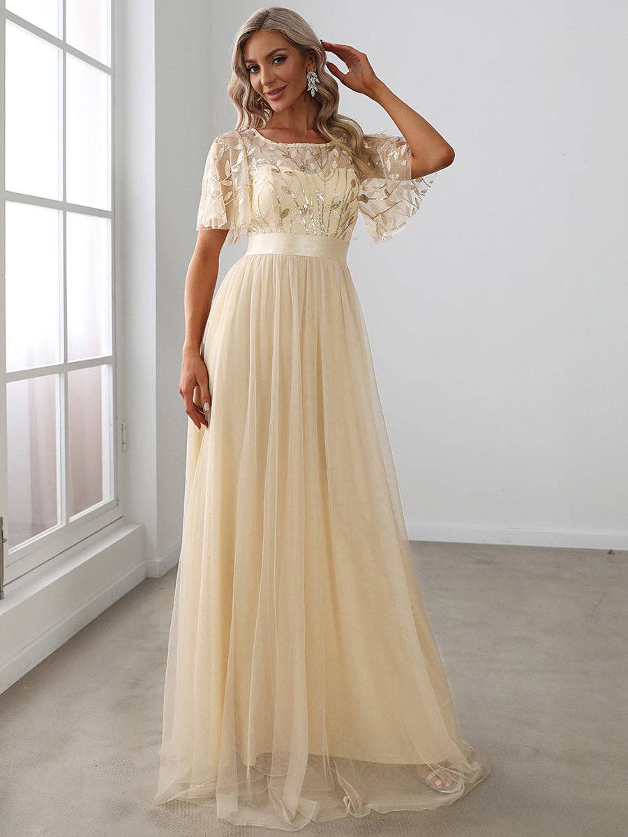 Sequin Print Maxi Long Evening Dresses with Cap Sleeve
