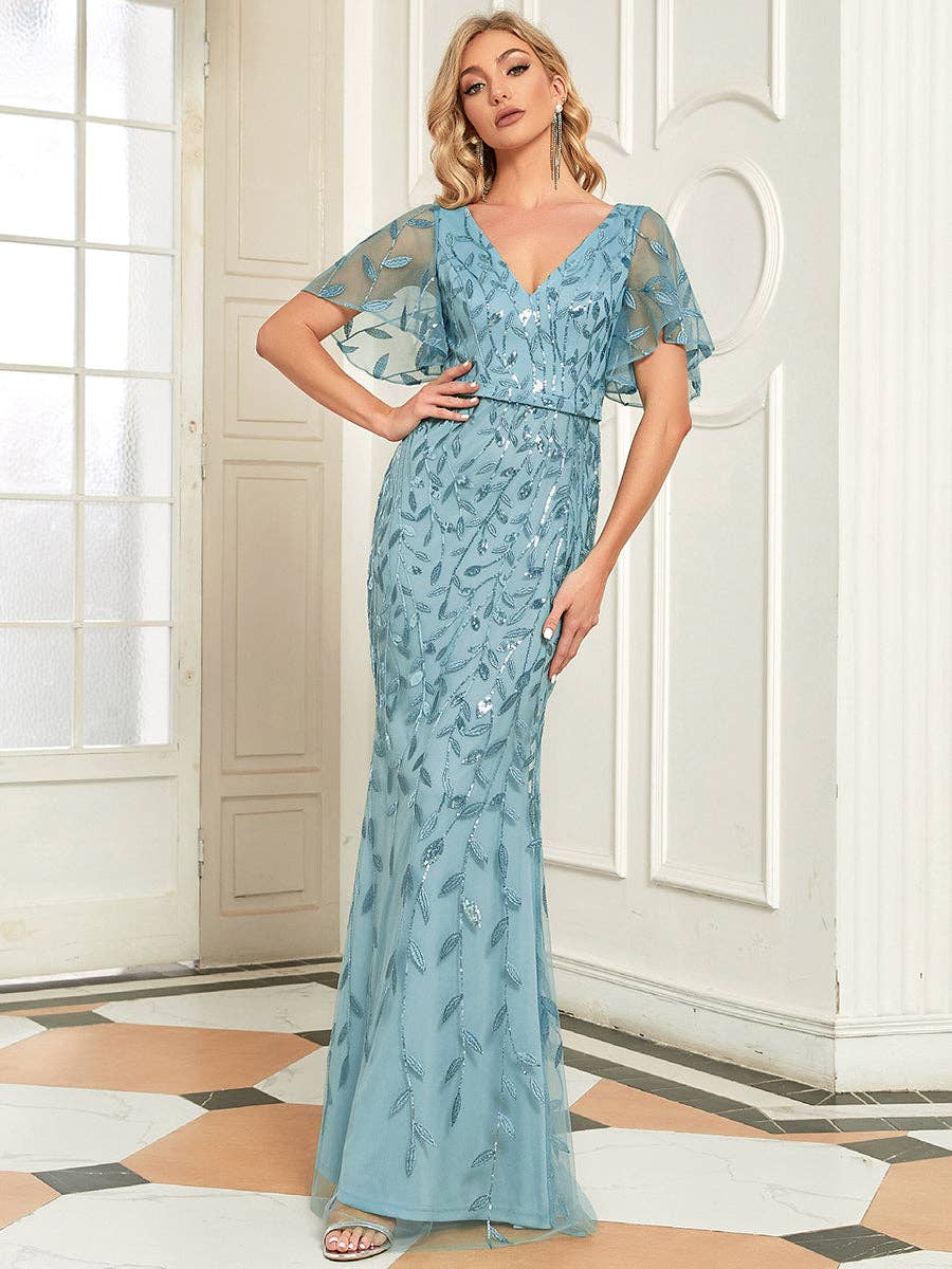 Gorgeous Leaf-Sequined Evening Dress