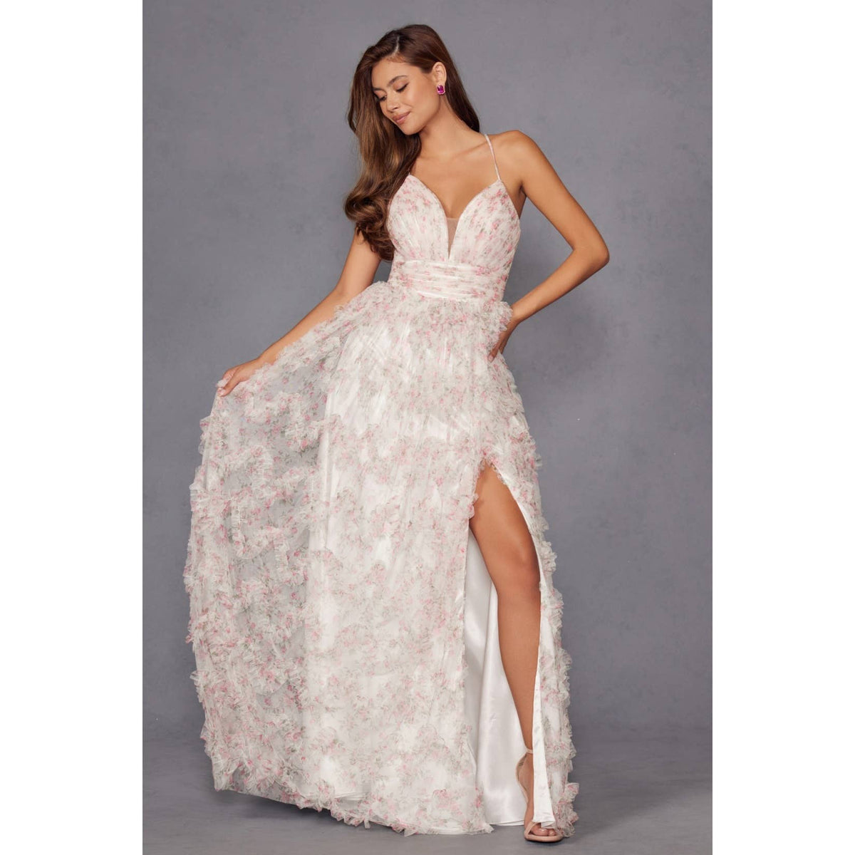 JT2572U THIS DRESS FEATURES A FITTED CORSET WITH A V-NECKLIN