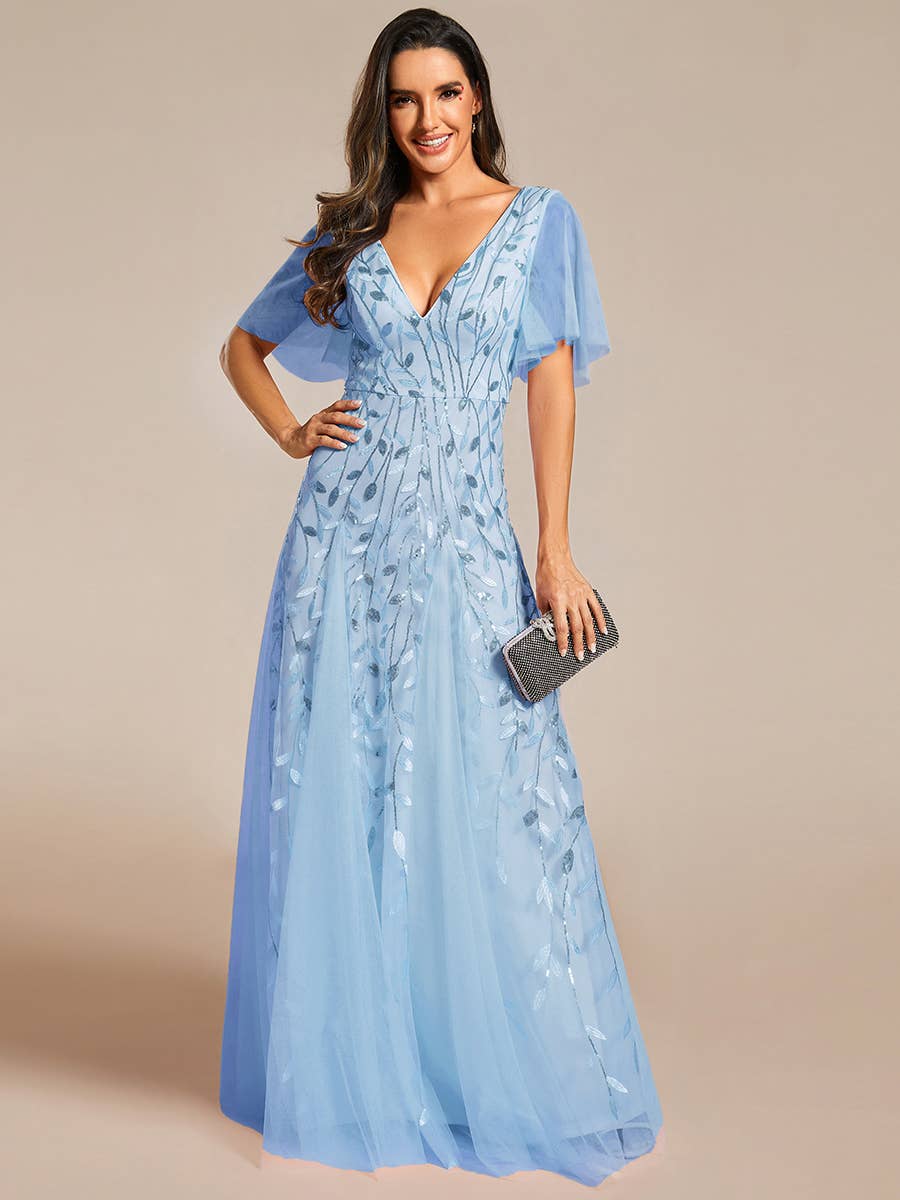 Romantic Shimmery V Neck Ruffle Sleeves Evening Dress