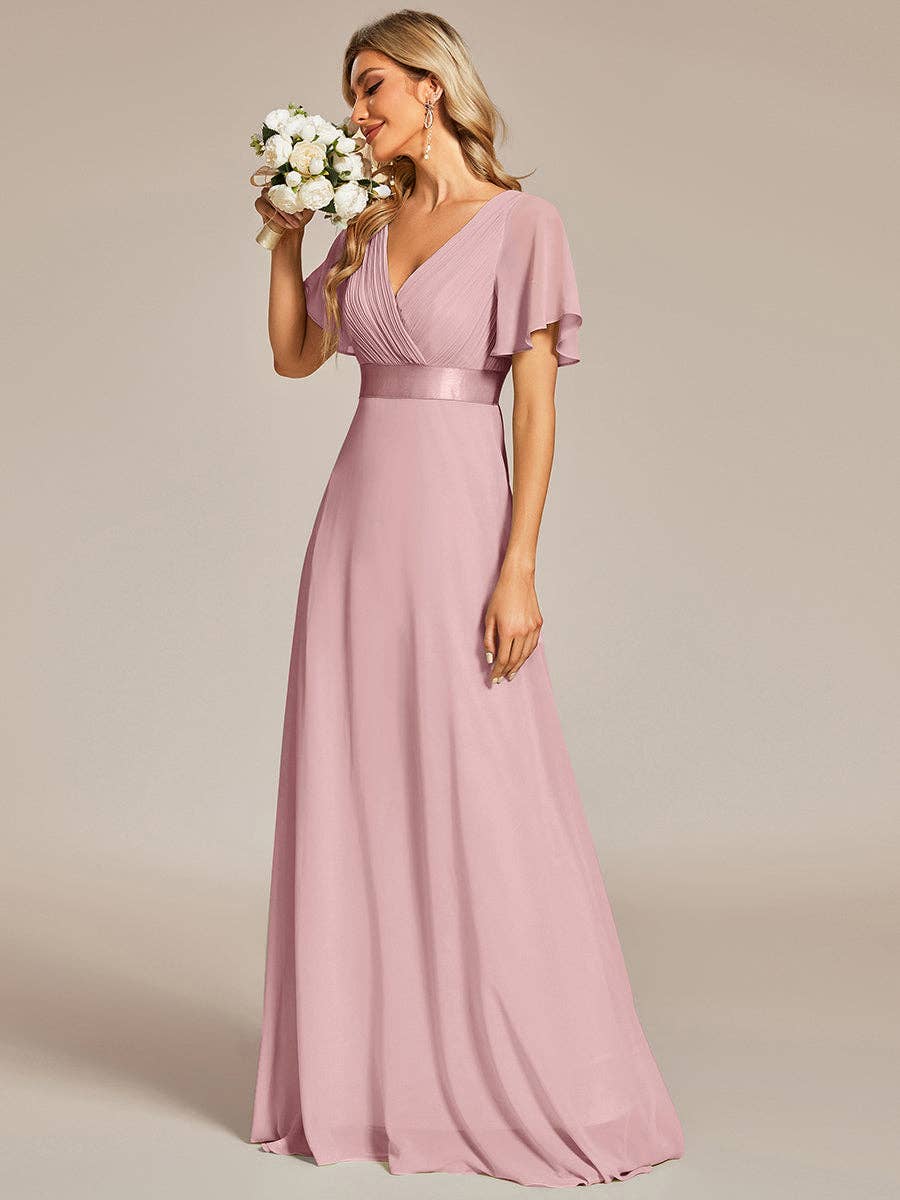 Double V-Neck Ruffles Chiffon Bridesmaid Dress