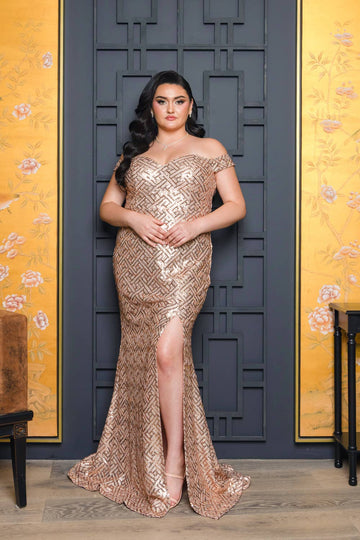 P1013P11-PLUS SIZE SEQUIN OFF SHOULDER MAXI DRESS