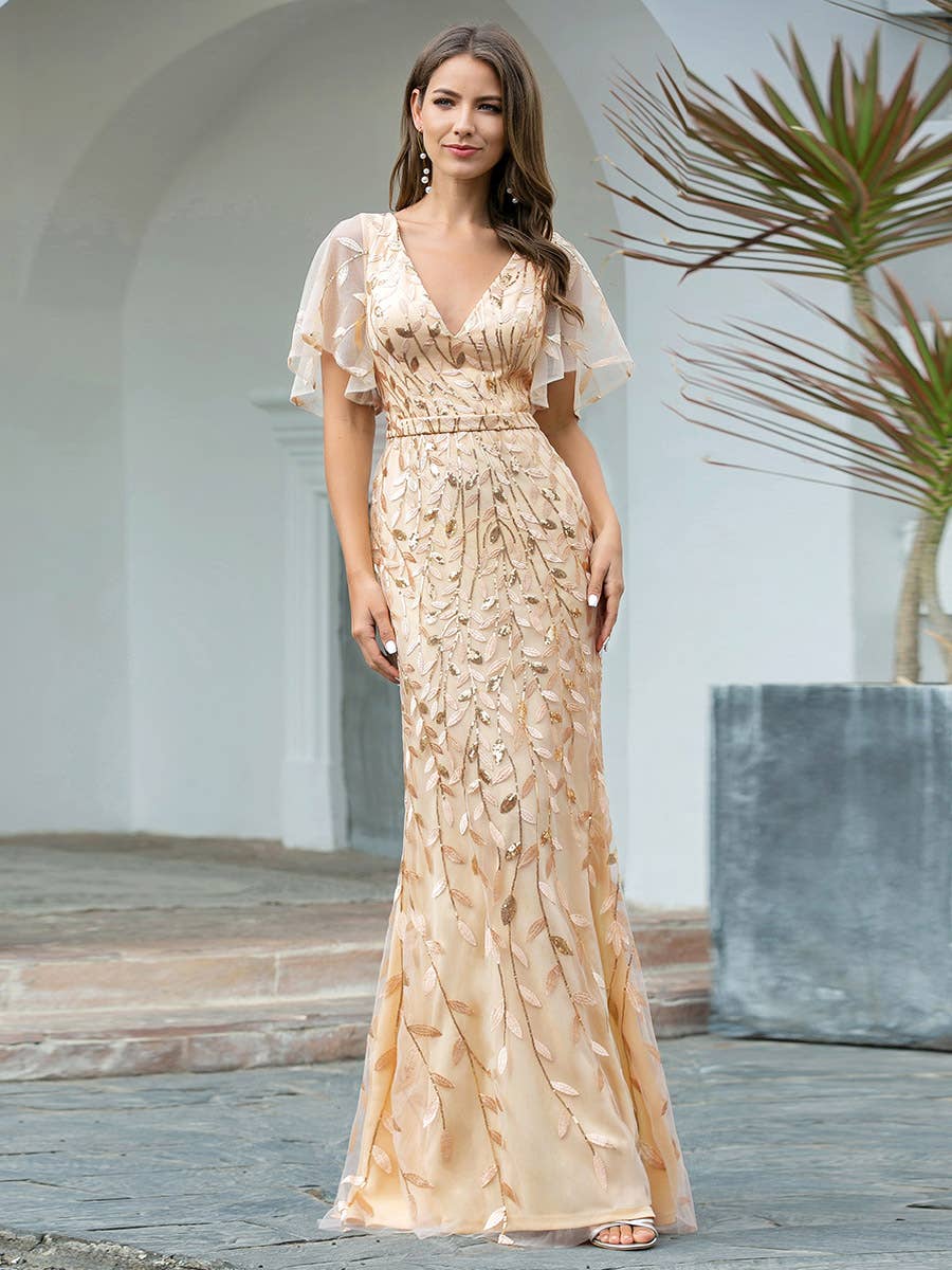 Gorgeous Leaf-Sequined Evening Dress