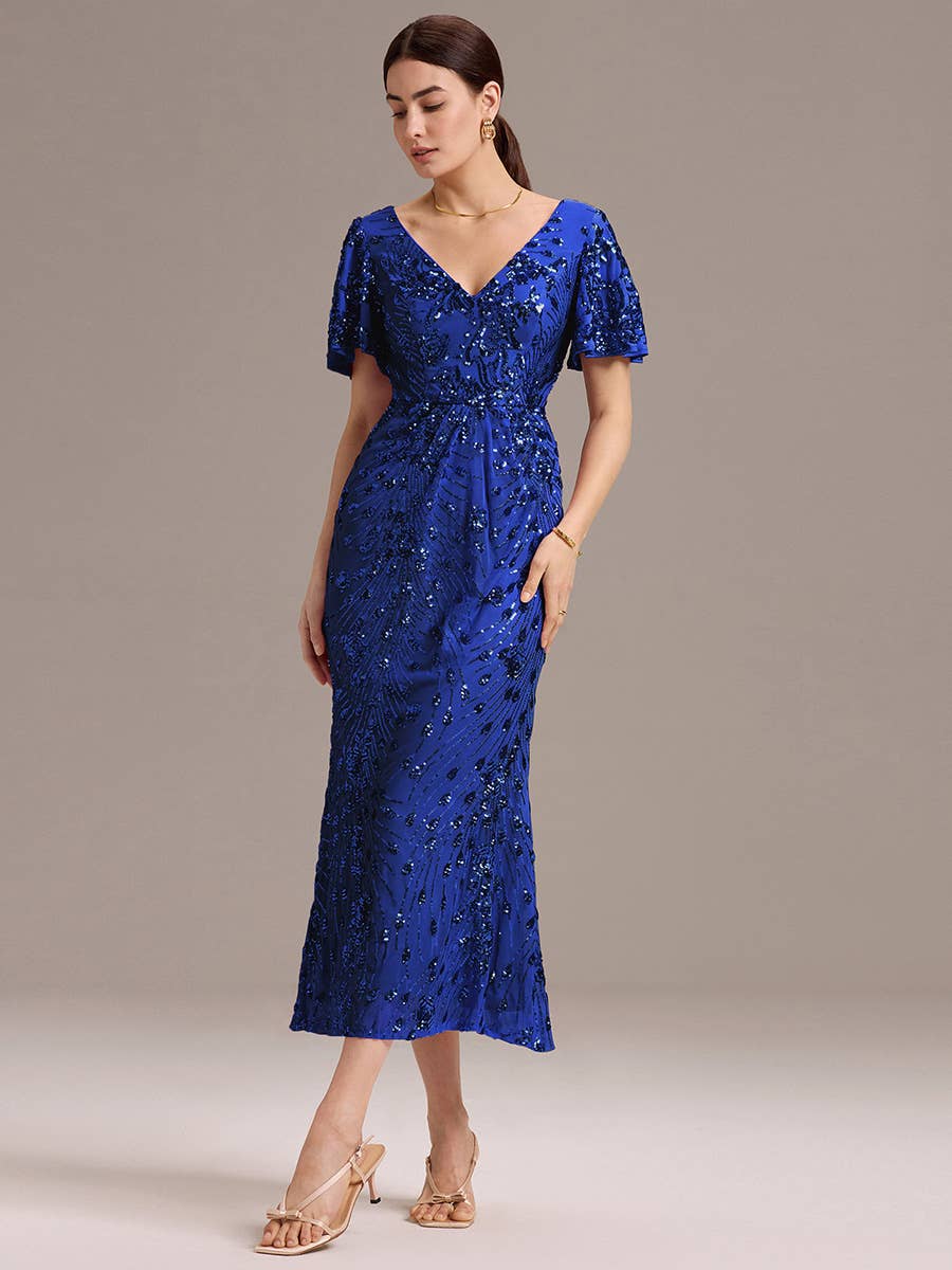 Strapless Deep Fishtail Paillette Midi Evening Dresses