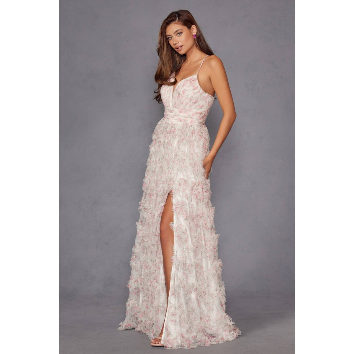 JT2572U THIS DRESS FEATURES A FITTED CORSET WITH A V-NECKLIN