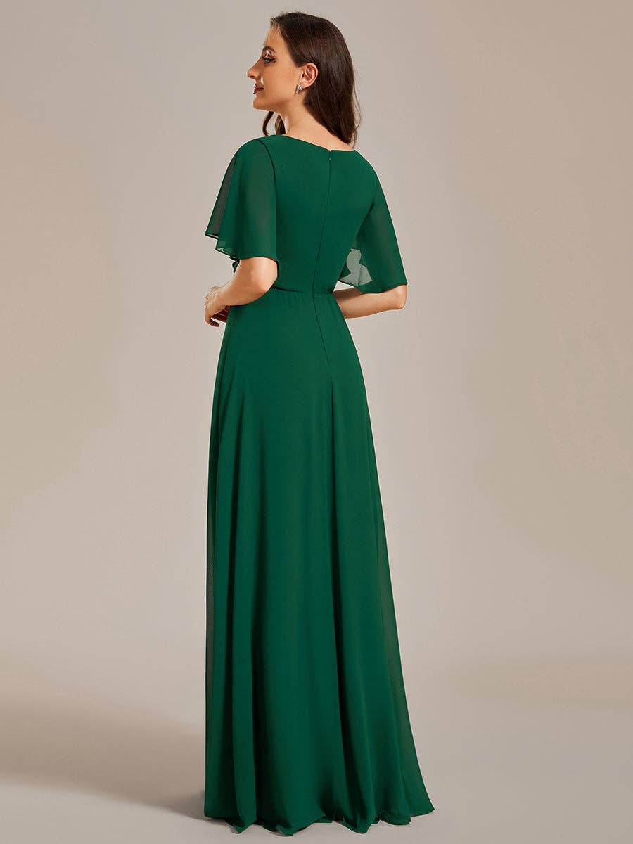 V Neck Appliques Pleated Bridesmaid Dress