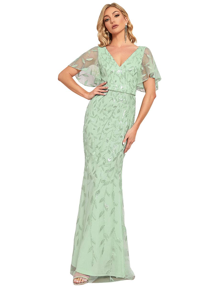 Gorgeous Leaf-Sequined Evening Dress