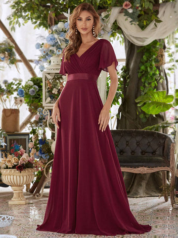 Double V-Neck Ruffles Chiffon Bridesmaid Dress