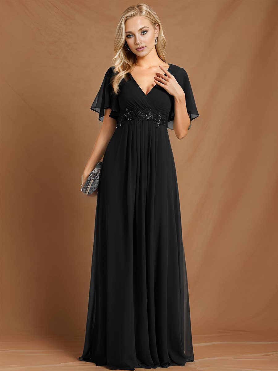 V Neck Appliques Pleated Bridesmaid Dress