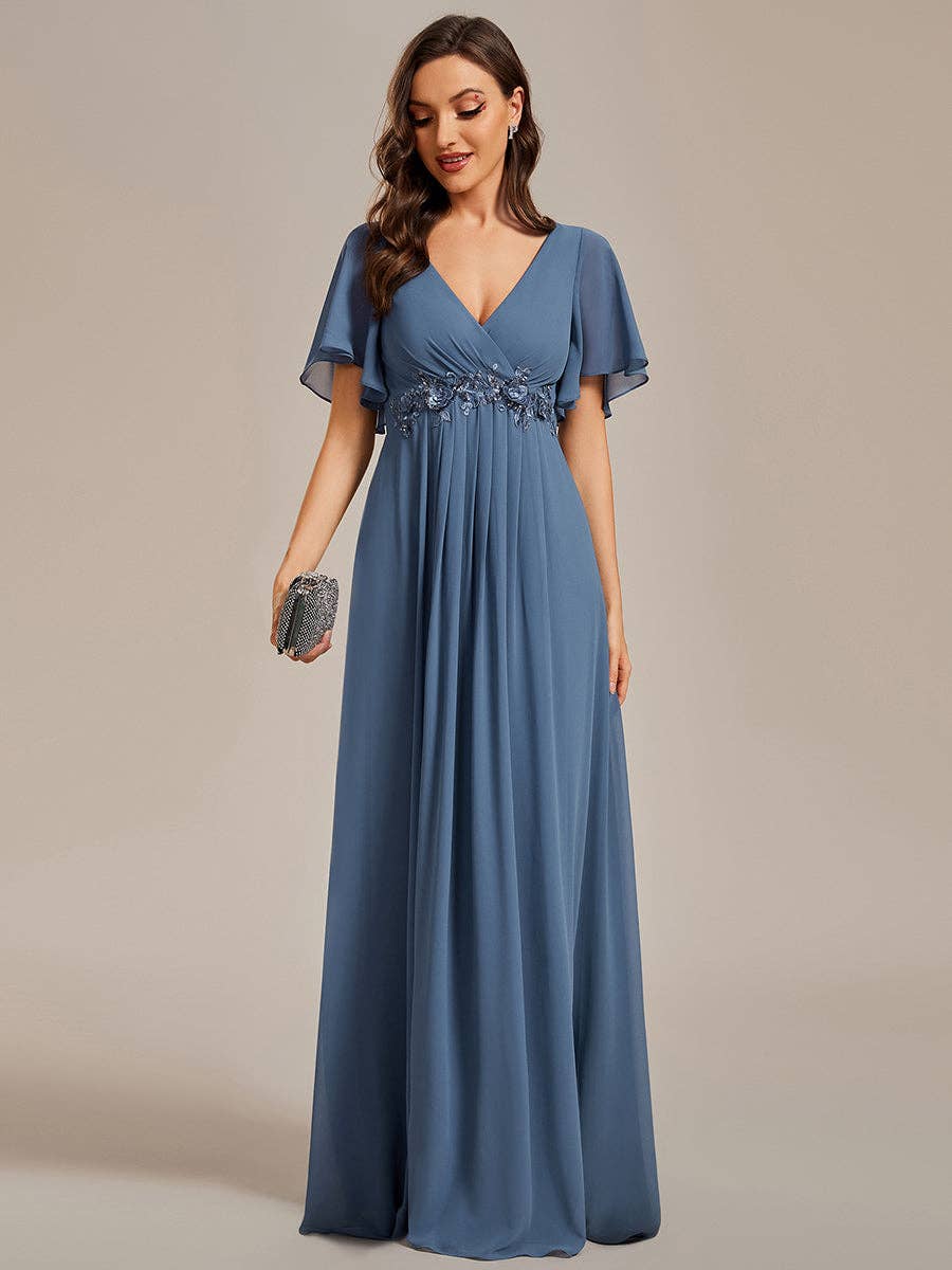 V Neck Appliques Pleated Bridesmaid Dress