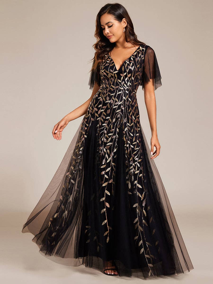 Romantic Shimmery V Neck Ruffle Sleeves Evening Dress