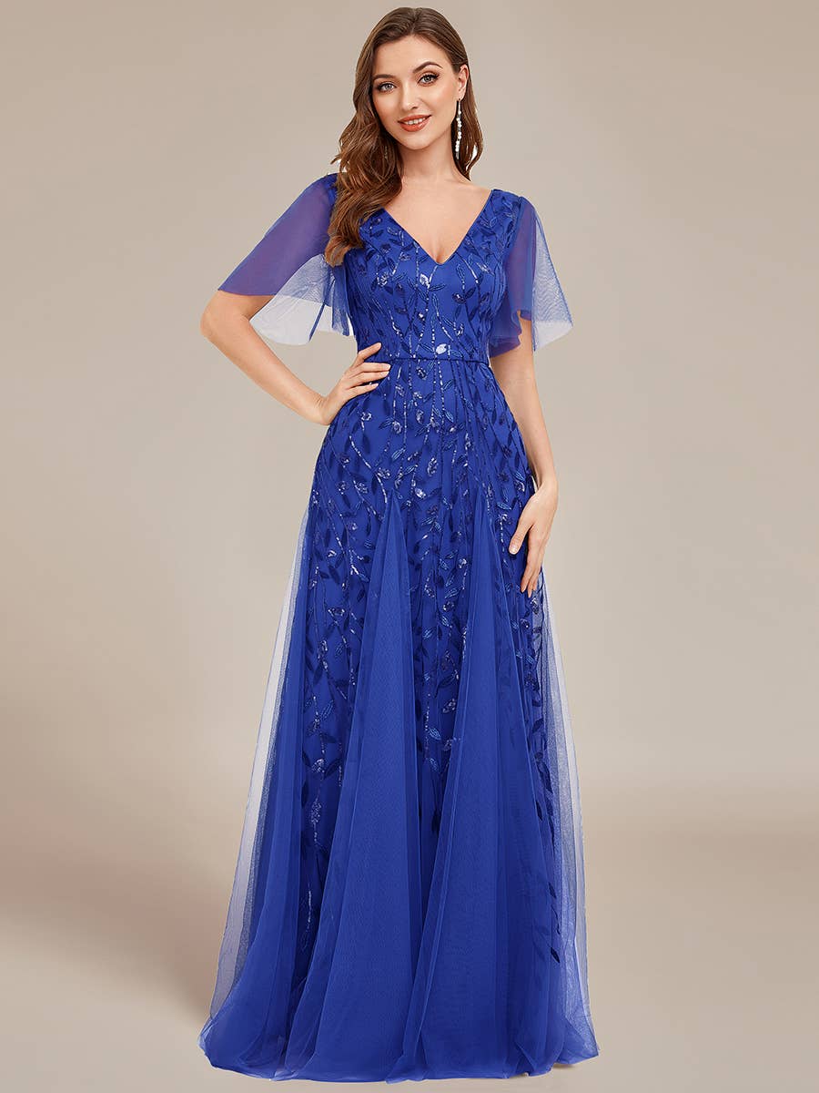 Romantic Shimmery V Neck Ruffle Sleeves Evening Dress