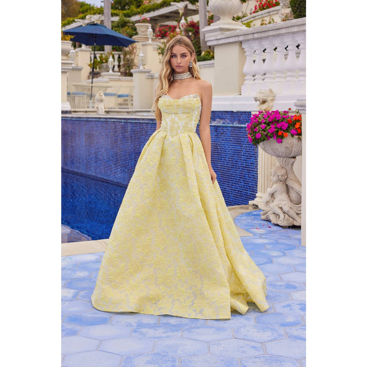 JACQUARD STRAPLESS BALL GOWN WITH STRUCTURED CORSET BODICE A